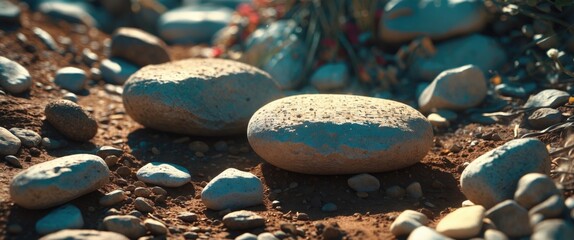 Aufkleber - Smooth stones on dry earth with scattered pebbles surrounded by grass foliage, natural outdoor setting in sunlight.