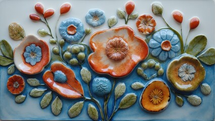 Poster - Ceramic tile artwork featuring vibrant, multicolored floral designs with intricate relief details on a glossy glazed background.