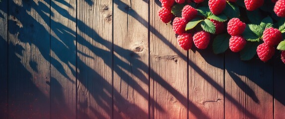 Aufkleber - Ripe raspberries arranged on a wooden surface creating contrasting shadows with vibrant colors and textures.