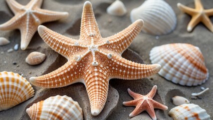 Poster - Starfish and various seashells on sandy beach background with shallow depth of field and natural light