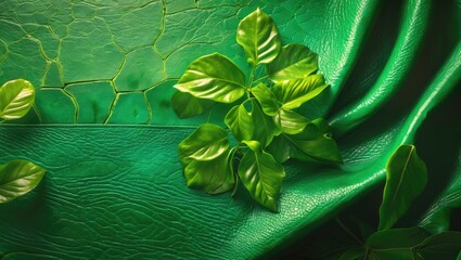 Poster - Vibrant green background featuring a textured genuine leather surface complemented by lush green foliage for a natural and stylish look