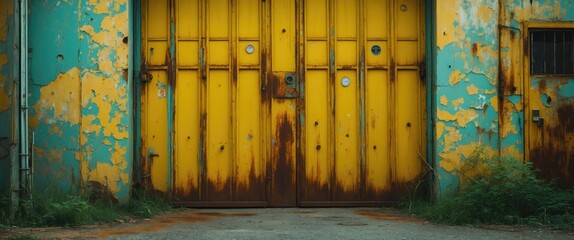 Wall Mural - Rusty yellow metal door with peeling paint and weathered textures in an industrial setting, a striking element of urban decay.