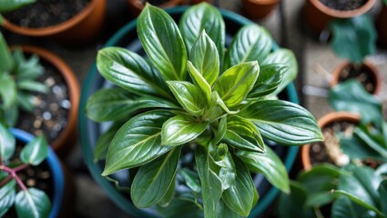 Poster - Potted green houseplant with glossy leaves viewed from above surrounded by terracotta pots in a natural light setting