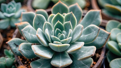 Poster - Close-up of succulent plant with fleshy green leaves arranged in rosette pattern in natural light setting