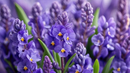 Poster - Vibrant closeup of blooming purple violet flowers showcasing delicate petals and bright yellow centers in a lush green backdrop.