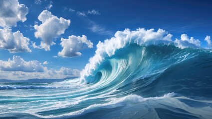Poster - Powerful ocean wave with clear blue water and white foam under a bright sky with fluffy clouds in a coastal scene.