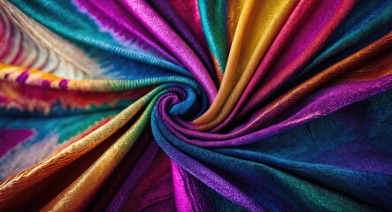 Poster - Vibrant textile fabric texture in a captivating swirl showcasing rich colors and intricate patterns for creative design applications.