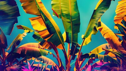 Poster - Vibrant tropical foliage with large banana leaves against a colorful sky in a lush garden setting