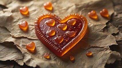 Aufkleber - Heart-shaped jelly candy on textured paper background with smaller heart-shaped candies scattered around.