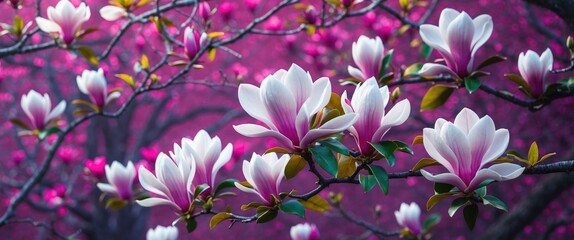 Poster - Blooming magnolia flowers in vibrant colors with a soft focus background creating a serene spring nature scene.