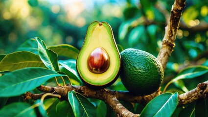 Poster - Freshly sliced avocado with pit resting on tree branch surrounded by green leaves in natural outdoor setting.