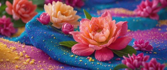 Poster - Colorful floral arrangement with pink and orange peonies on vibrant blue and purple fabric background decorated with colored grains