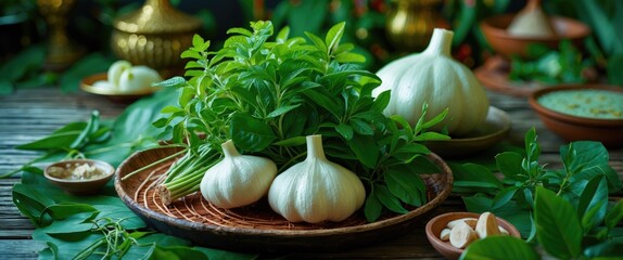 Poster - Fresh garlic and green herbs on a wooden table surrounded by bowls of spices and decorative items in a natural setting