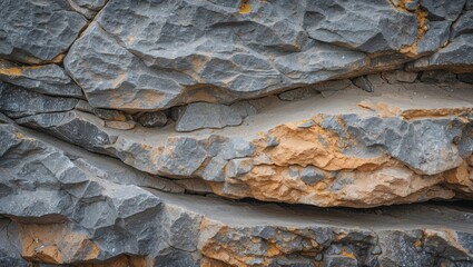 Aufkleber - Close-up view of layered rock formations with gray and orange textures and patterns in a natural environment.