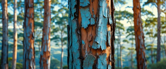 Poster - Textured bark of a eucalyptus tree with colorful layers set against a blurred forest backdrop showcasing natural beauty and tranquility.
