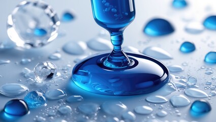 Poster - Close-up of blue droplets and water beads on a reflective surface with crystal-like shapes and soft lighting effects