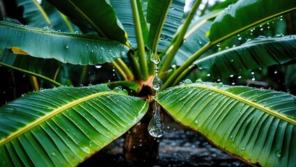 Poster - Vibrant banana leaves glistening with droplets of water in a lush tropical setting capturing nature's beauty and freshness.