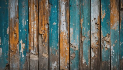 Poster - Weathered wooden wall with a distressed paint texture in shades of blue and orange creating a rustic and vintage background.