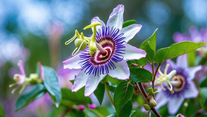Poster - Purple passion flower with intricate petals and yellow structures against a blurred green background capturing natural beauty and detail.