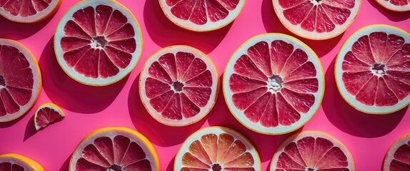 Aufkleber - Sliced pink grapefruit arranged on a vibrant pink background showcasing fresh fruit texture and colors