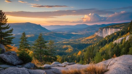 Poster - Breathtaking Autumn Landscape in Provincial Park with Dramatic Sunset and Lush Greenery Overlooking Mountain Range and Valley