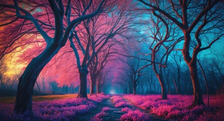 Poster - Dreamy landscape of vibrant pink trees and bare branches illuminated by twilight enhancing the enchanting atmosphere of nature.