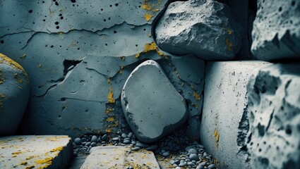 Poster - Abstract background of textured gray concrete wall with boulders and scattered small stones featuring yellowish stains and cracks.