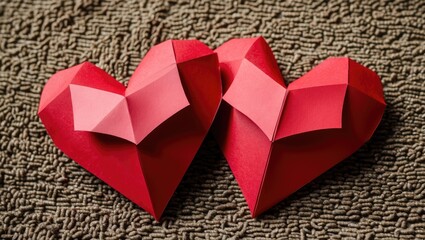 Poster - Two origami red hearts placed on a textured brown background representing love and affection in a minimalist style
