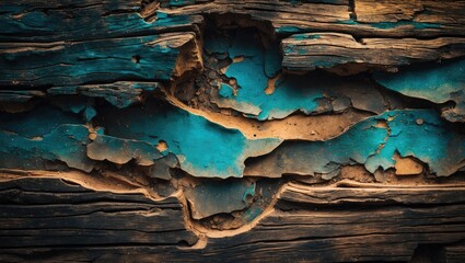 Poster - Textured peeling paint on weathered wood with striking turquoise color contrast and natural grain patterns.