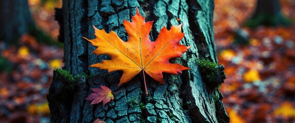 Poster - Vibrant autumn oak leaf resting on rugged tree trunk amidst colorful fallen foliage in a serene forest setting.