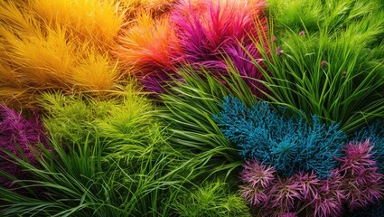 Poster - Colorful ornamental grass plants in vibrant shades of yellow, orange, pink, green, and blue arranged in artistic design layout