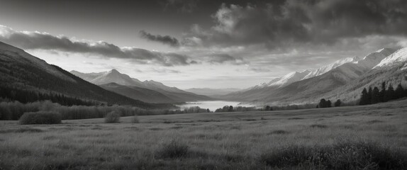 Wall Mural - Serene black and white landscape depicting mountains and a calm lake under a dramatic sky showcasing the beauty of nature.