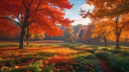 Poster - Vibrant autumn landscape featuring colorful leaves and serene nature under a bright sky showcasing the beauty of Indian summer.