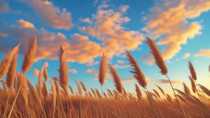 Poster - Golden grass in a field against a blue sky with scattered clouds during sunset in a serene landscape setting
