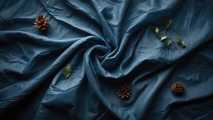Aufkleber - Textured blue fabric with pine cones and green leaves arranged aesthetically on a flat surface.