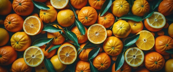 Aufkleber - assorted oranges and lemons with green leaves arranged on a flat surface top view detail shot