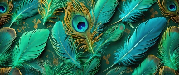 Poster - Vibrant turquoise vintage feather pattern texture featuring intricate designs and rich colors for decorative backgrounds and fashion applications