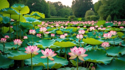 Poster - Vibrant lotus garden with blooming pink flowers and lush green leaves under soft sunlight in a serene landscape setting.