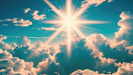 Aufkleber - Vibrant sun rays illuminating fluffy clouds against a clear blue sky capturing natural beauty and tranquility.