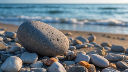 Poster - Gray stone on sandy beach with pebbles and gentle waves in the background under clear sky during golden hour lighting