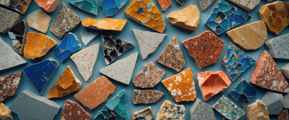 Poster - Colorful mosaic fragments arranged on a flat surface showcasing various shapes and textures of broken tiles and stones.
