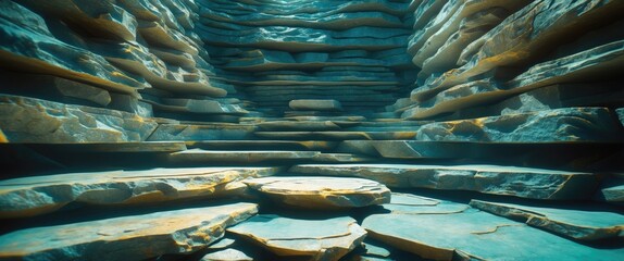 Aufkleber - Underwater rocky terrain with layered stone formations creating a natural staircase effect illuminated by soft light.