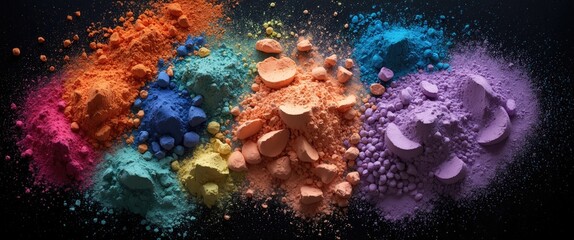 Poster - Colorful powder arranged on a black surface creating a vibrant abstract background suitable for artistic and design projects