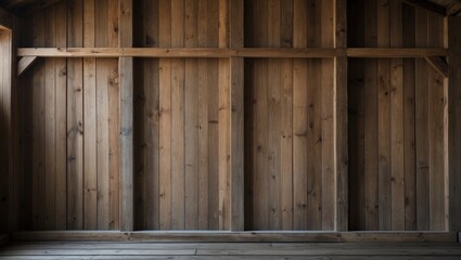 Poster - Rustic wooden wall interior with natural textures ideal for backgrounds or design projects showcasing warmth and simplicity.