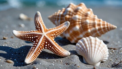 Poster - Sea star and sea shells on sandy beach with ocean background in natural sunlight.
