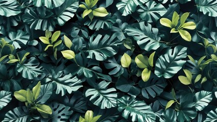 Poster - Lush green tropical foliage creating a vibrant textured background ideal for nature-themed designs and outdoor aesthetics.