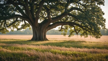 Poster - Majestic Old Tree in a Serene Field Surrounded by Dappled Light and Lush Greenery in a Peaceful Natural Setting
