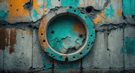 Poster - Abstract urban wall with circular feature and distressed surface in teal and orange tones showcasing peeling paint and rough texture.