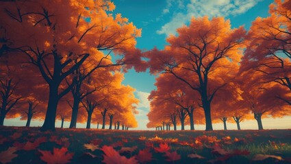 Poster - Vibrant autumn scene with silhouettes of trees and colorful leaves under a bright sky creating a serene landscape atmosphere.