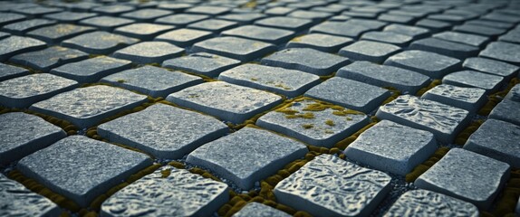 Poster - textured cobblestone pavement with moss detail in a close-up perspective showcasing irregular stone shapes and weathered surface